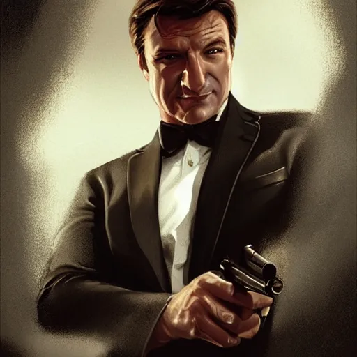 Image similar to Nathan Fillion as James Bond in Goldeneye, D&D, muscular, fantasy, intricate, elegant, highly detailed, digital painting, artstation, concept art, smooth, sharp focus, illustration, art by artgerm and greg rutkowski and alphonse much