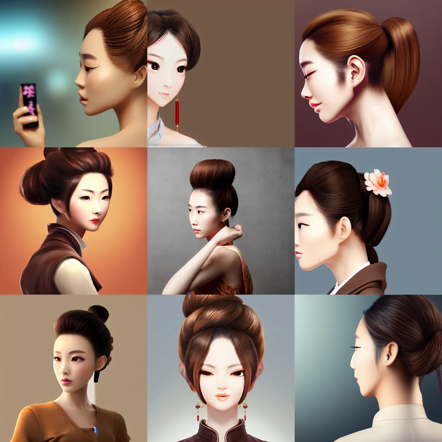 Prompt: light brown updo chinese beauty on the mobile phone facing the computer display, wide angle lens, bokeh, artstation