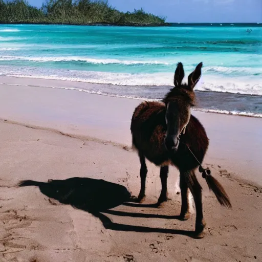 Prompt: donkey (wearing sunglasses) seated on the sand, tropical