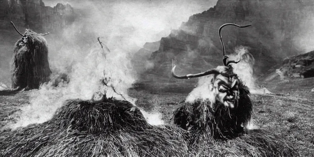 Image similar to 1 9 2 0 s photography of krampus hay monster burning, dolomites