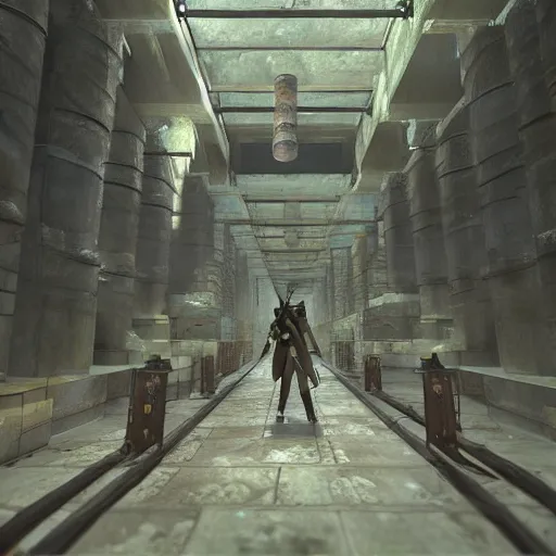 Image similar to an underground ancient temple corridor full of traps by Makoto Shinkai, pressure plate, tripwire, arrow trap, epic composition