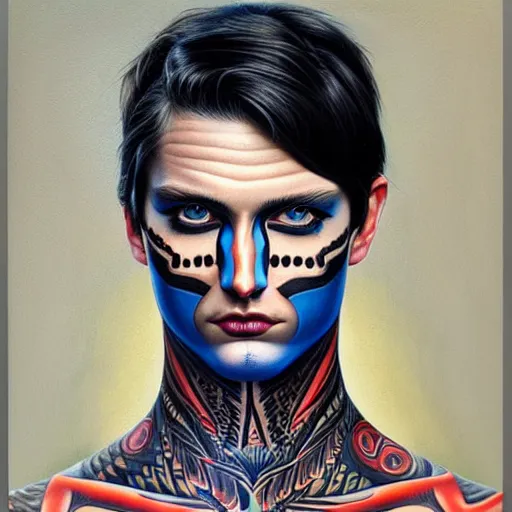 Image similar to ultra realistic portrait painting of a perfect handsome man blue eyes black hair, neck tribal snake tattoo, painted by Tristan Eaton Stanley Artgerm and Tom Bagshaw