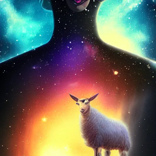 Image similar to portrait from a lamb, feathers, bird, avian, wings, synthwave, universe background, nebula, galaxy, artstation