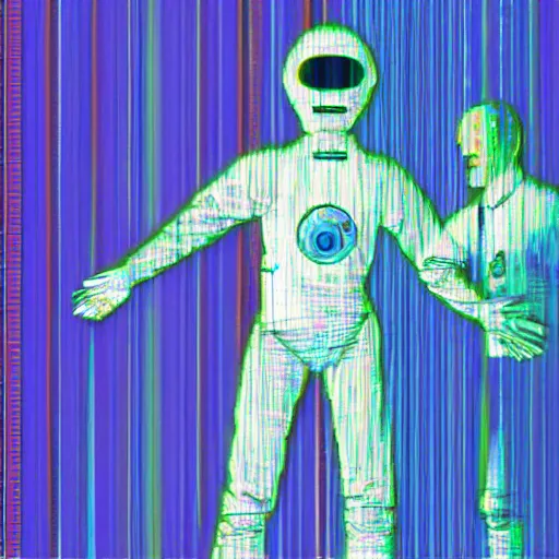 Image similar to a vhs glitch of an alien shaking hands with an astronaut