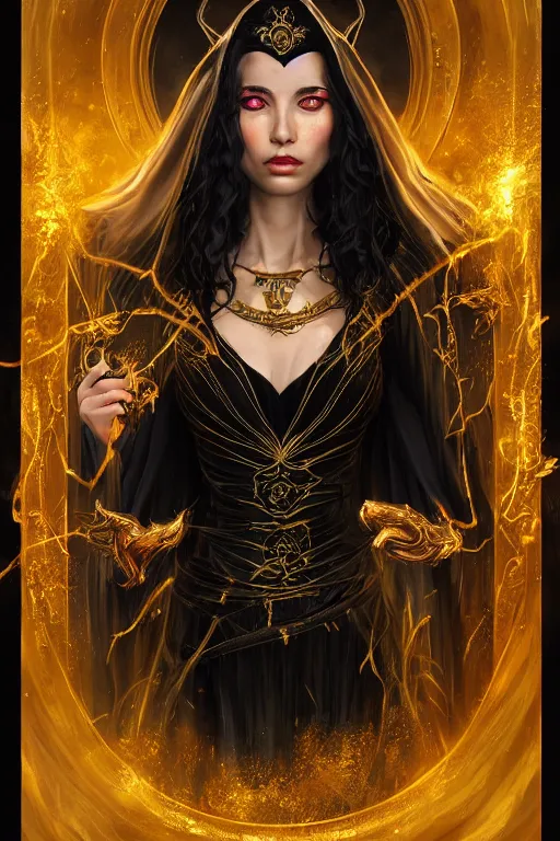 Image similar to a portrait of a sorceress wearing a black robe with gold embroidery, casting a spell, in a mysterious inner sanctum, painted by artgerm and tom bagshaw, in the style of magic the gathering, highly detailed digital art