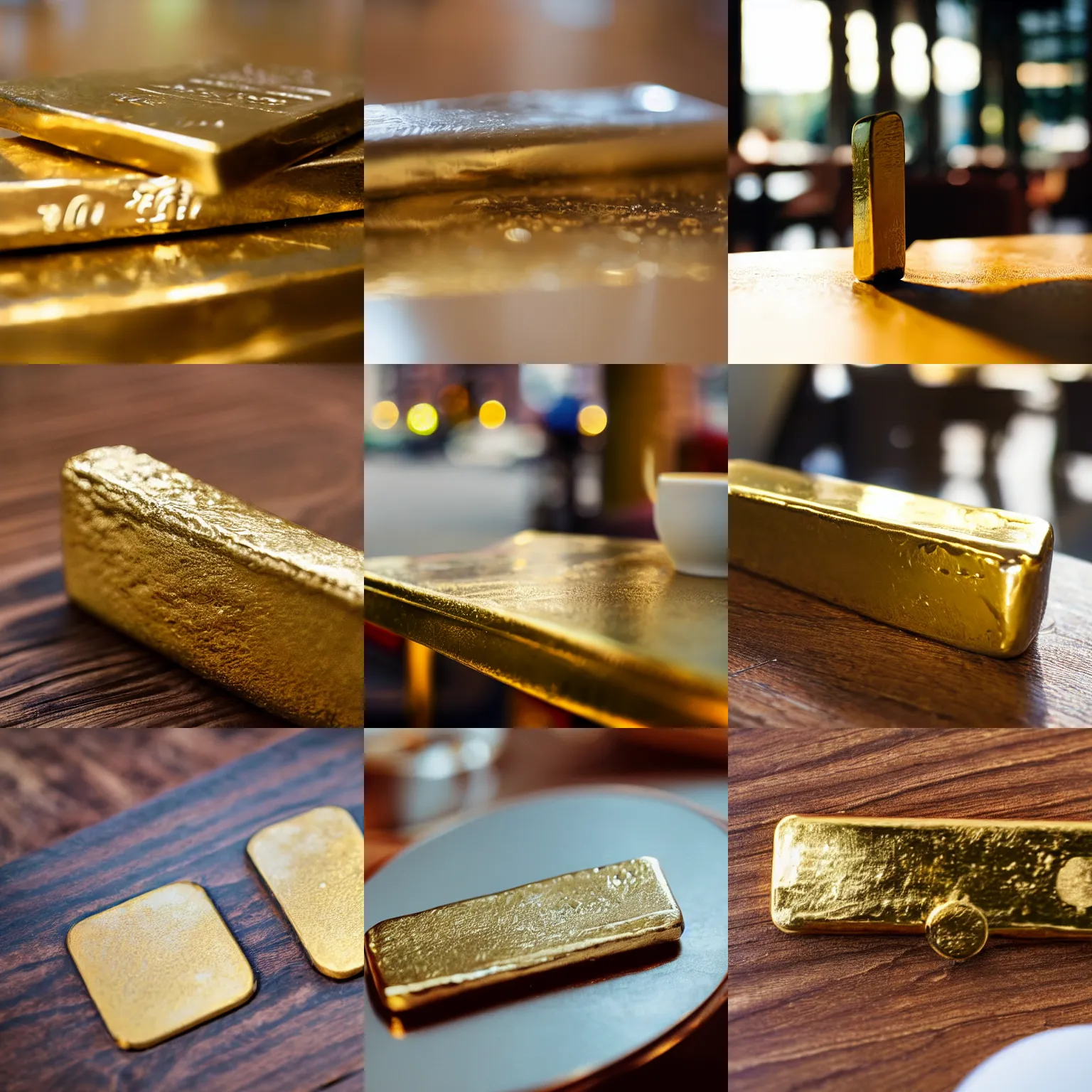 Image similar to a solid gold bar on a cafe table on a sunny day, f / 1. 9 6. 8 1 mm iso 4 0