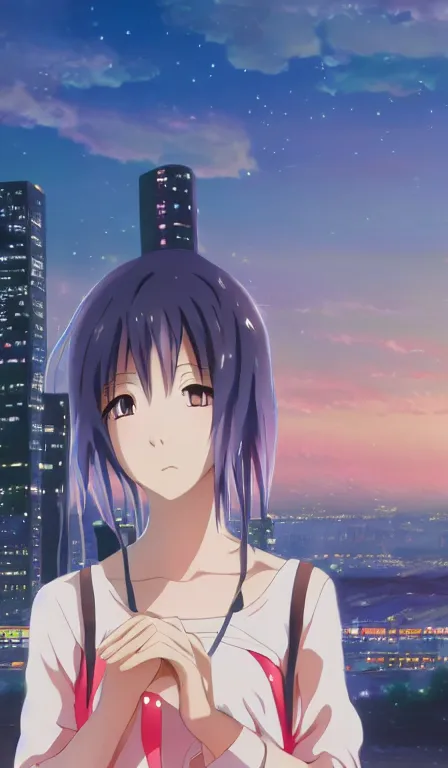 Image similar to anime fine details portrait of Mizore Shirayuki in front of modern tokyo city landscape on the background deep bokeh, close-up view, anime masterpiece by Studio Ghibli, 8k, sharp high quality anime, artstation