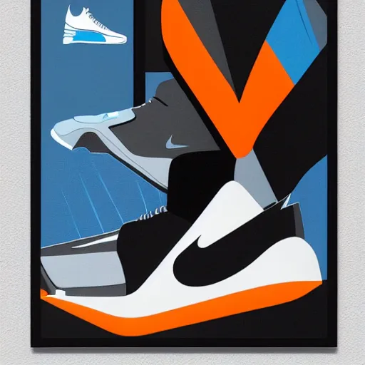 Image similar to retro futuristic Nike Air Mag sneakers by syd mead, grainy matte painting, geometric shapes