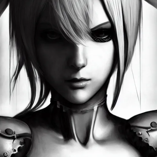 Image similar to pencil drawing of 2 b nier automata wearing a latex suit, beautiful piercing eyes, hyper realistic face, in the style of greg rutkowski, fantasy, amazing detail, epic, elegant, smooth, sharp focus