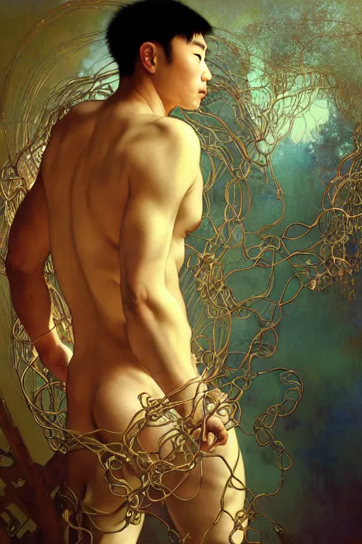 Image similar to hyperrealist portrait of the back of an attractive angelic asian man, it is decorated with long wires that fall like vines and wears small computers over their body. by jeremy mann and alphonse mucha, fantasy art, photo realistic, dynamic lighting, artstation, poster, volumetric lighting, very detailed faces, 4 k, award winning