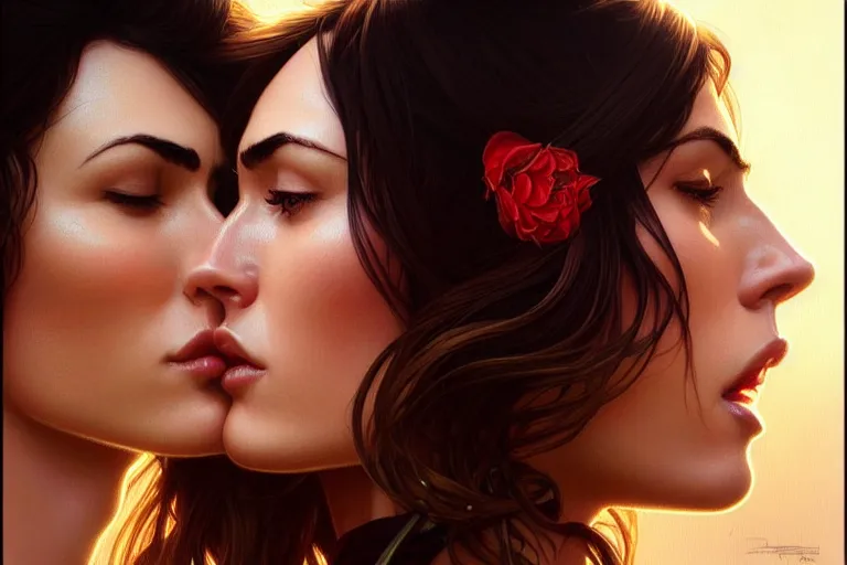 Image similar to portrait of megan fox kisses with a blonde woman, lesbian kiss, intricate, headshot, highly detailed, digital painting, artstation, concept art, sharp focus, cinematic lighting, illustration, art by artgerm and greg rutkowski, alphonse mucha, cgsociety