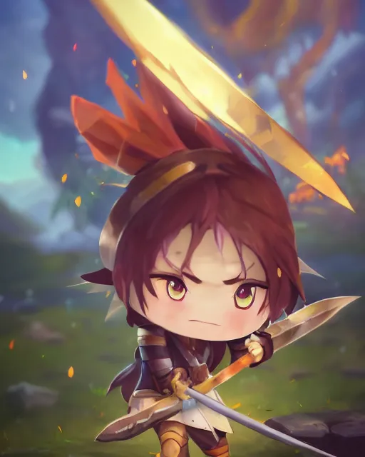 Prompt: oil painting of a cute chibi MapleStory warrior,, attacking, casting a spell with a spear, wearing a MapleStory warrior outfit, sharp focus, fantasy style, octane render, volumetric lighting, 8k high definition, by greg rutkowski, highly detailed, trending on artstation, magic the gathering artwork, Perion background from MapleStory, centered