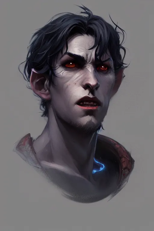 Prompt: character design portrait of a sad dark blue tiefling boy with horns and dark hair and pitch black hollow eyes, soft rounded face, black eyes black eyes by Greg Rutkowski, concept art, sharp focus, illustration, intricate, highly detailed