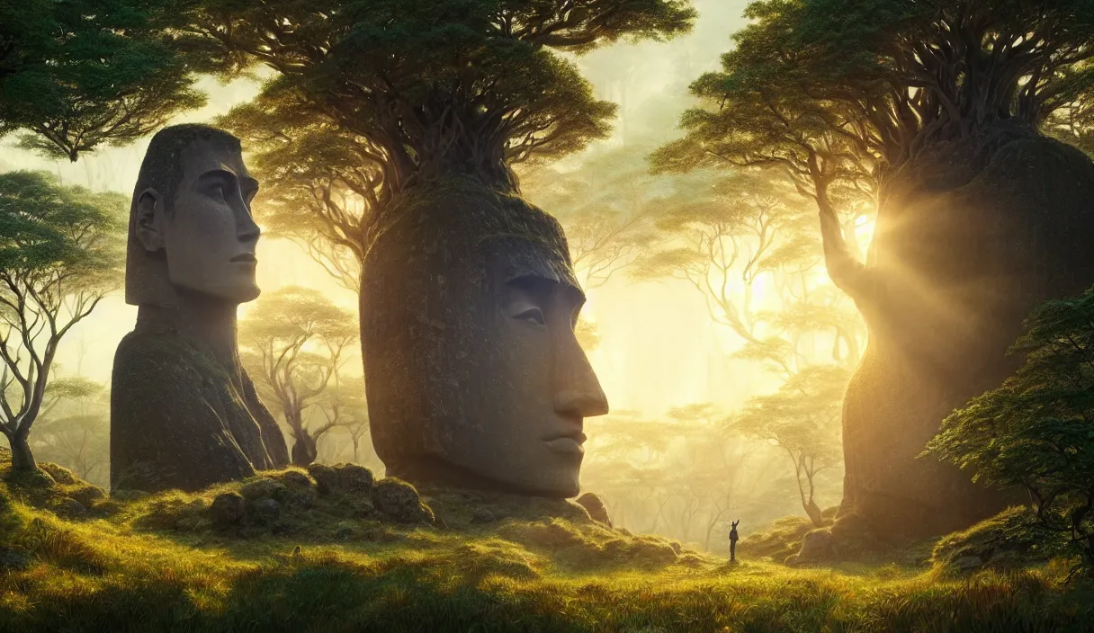 Prompt: detailed intricate digital landscape illustration by greg rutkowski and artgerm and wlop and sanford robinson gifford ; moai statue in yggdrasil forest thick trees ; 1 3 mm film still, wide angle arri alfa anamorphic lens, motion blur ; sharp focus, soft evening lighting with gleaming sun rays ; trending on artstation 4 k
