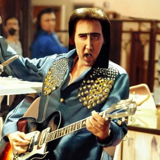 Image similar to nicolas cage as elvis presley playing the guitar over a poker table