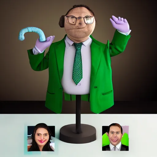 Image similar to hyperreal lifelike corporate portrait, anthropomorphic edible piechart, snake oil ceo, uncle aloysius family medicine depot, purple green color scheme, detailed lifelike facial features, professional studio lighting