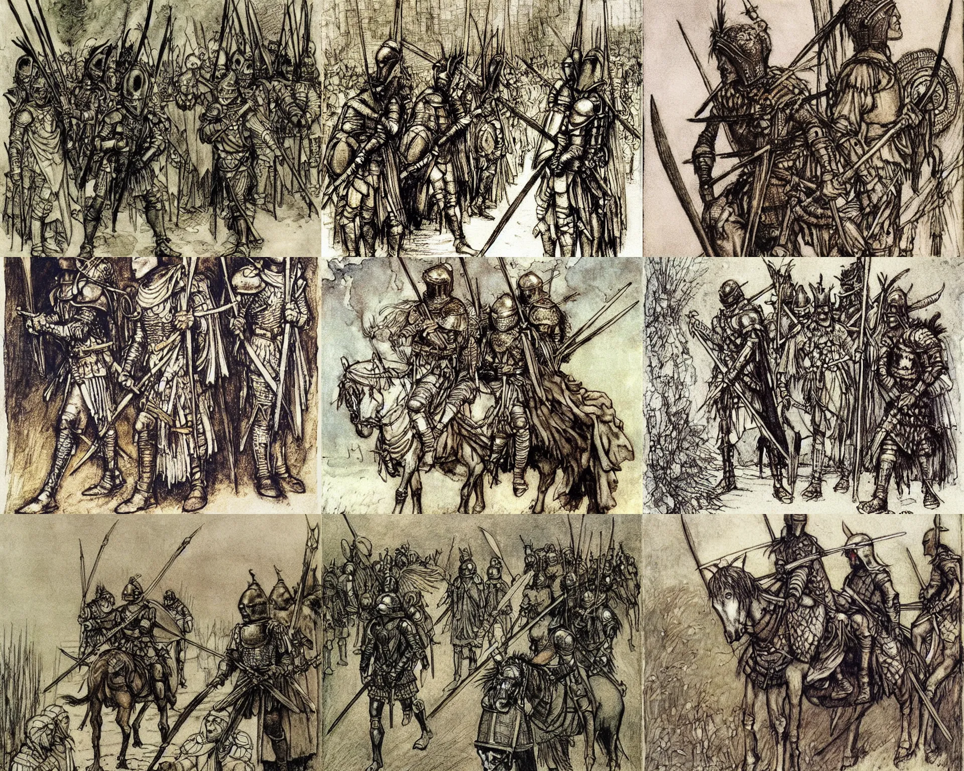 Prompt: A portrait of sad, weary knights in winged helmets with spears in their hands, leaving for battle, painting by Arthur Rackham