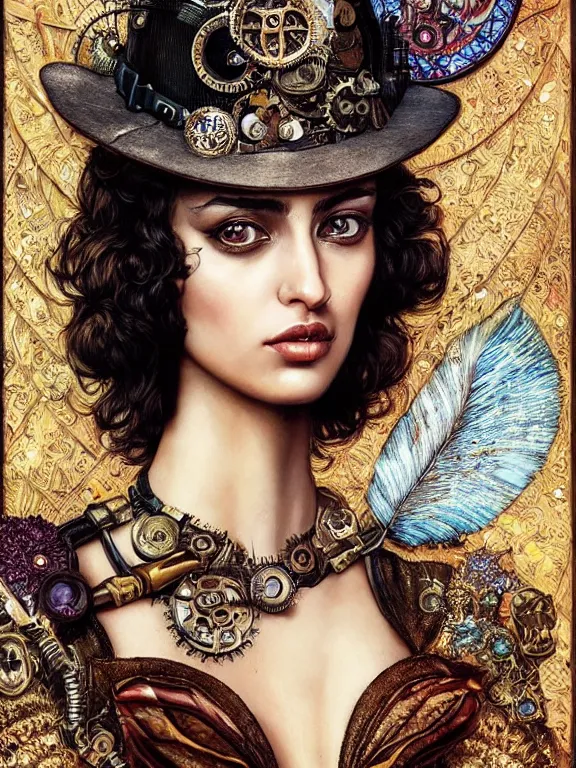 Image similar to a steampunk portrait of Irina Shayk,embellished sequined,feather-adorned,by tom bagshaw,Cedric Peyravernay,Peter Mohrbacher,William Holman Hunt,William Morris,Catherine Nolin,metropolis,Gucci,Dior,trending on pinterest,maximalist,glittering,feminine