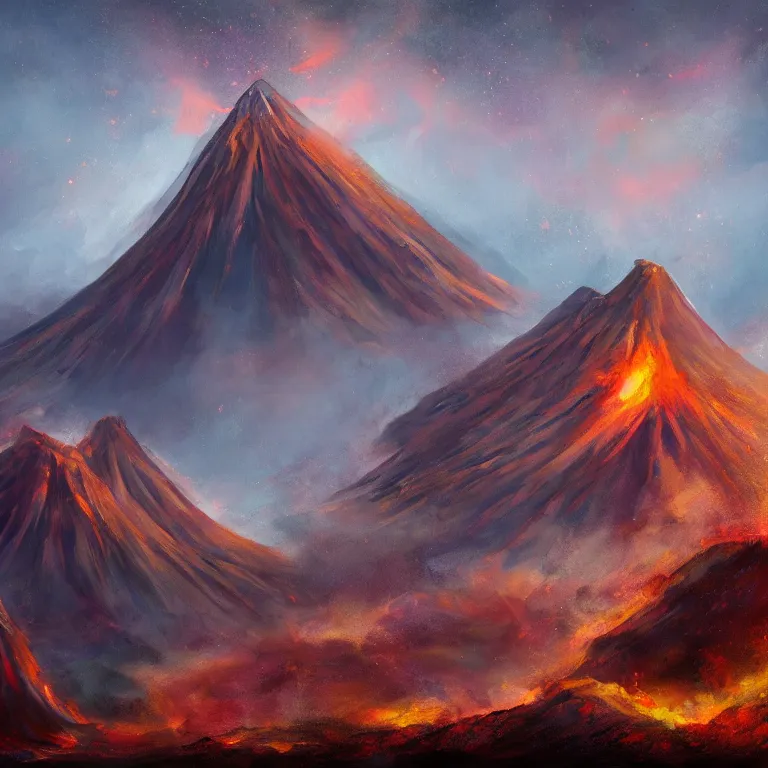 Prompt: a painting of a volcano from which come out flowers and stars exotic plants, all this happens in some kind of fantasy world, almost like in the sky or all in the amazing outdoors view, long exposure, 8 k resolution, trending on artstation