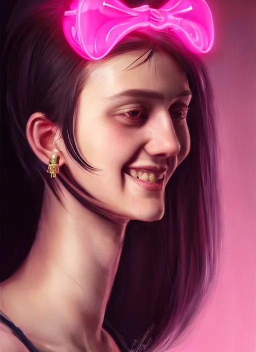 Image similar to portrait of teenage girl, realistic, black hair, bangs, half updo hairstyle, pointy nose, skinny, smile, ugly, defined jawline, big chin, pink hair bow, earrings, intricate, elegant, glowing lights, highly detailed, digital painting, artstation, sharp focus, illustration, art by wlop, mars ravelo and greg rutkowski