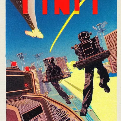 Prompt: 1979 OMNI Magazine, Anime Neo-tokyo bank robbers fleeing the scene with bags of money, Highly Detailed, 8k :4 by Vincent Di Fate : 8