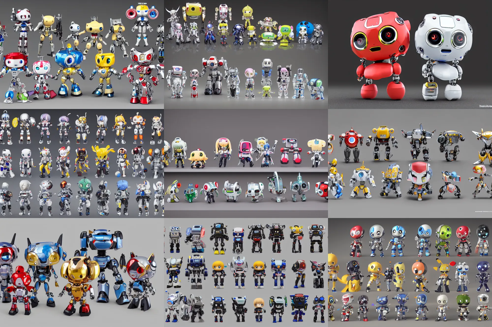 Prompt: a gachapon collection of several super - deformed chibi super mecha robot, by hajime katoki, plastic toy, product photo, realistic, symmetrical, octane render, wideshot