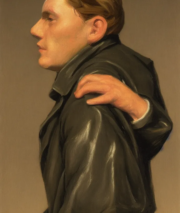 Image similar to a very detailed closeup portrait of a man, a leather jacket over his shoulder, in the style of edward hopper and oswald hornby joseph birley, very small brushstrokes, 4 k,