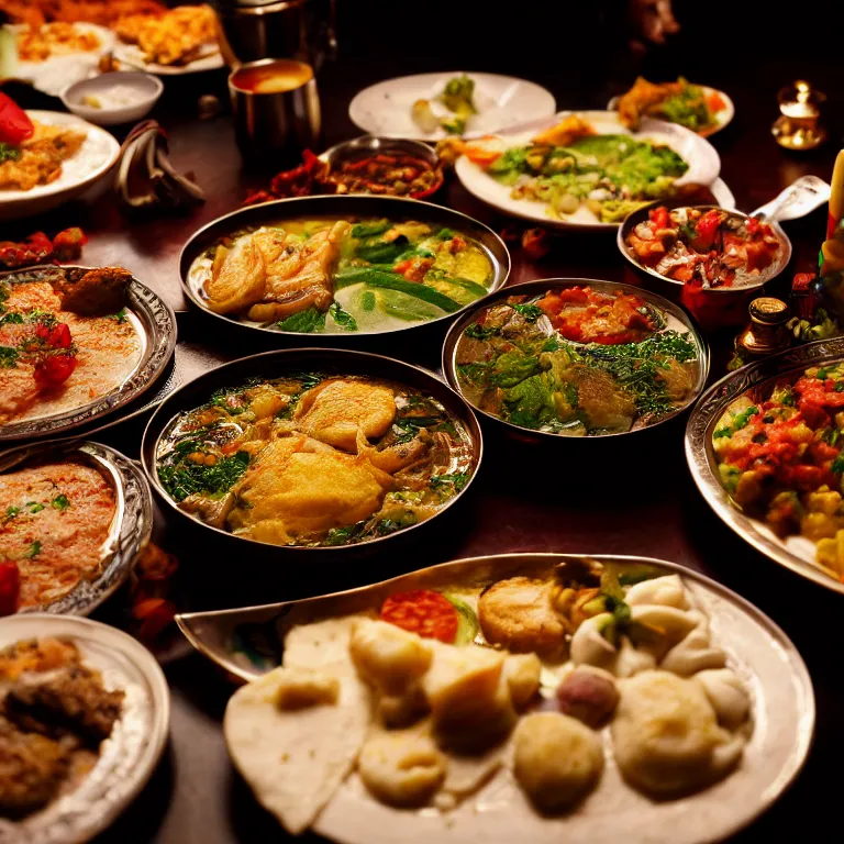 Prompt: close - up focused dslr photograph of an azerbaijani dinner, 8 k, high detail, volumetric lighting, hyperrealism, aesthetically pleasing, studio lighting, trending