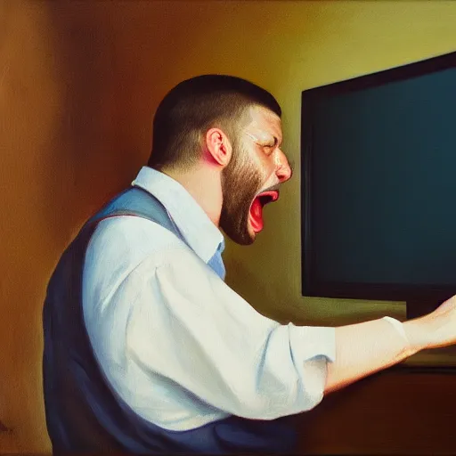 Image similar to an angry man yells at his computer monitor, oil on canvas, highly detailed