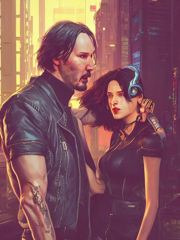 Image similar to a cyberpunk 2077 couple portrait of Keanu Reeves and V in love story,film lighting,by laurie greasley,Lawrence Alma-Tadema,William Morris,Dan Mumford,trending on atrstation,full of color,Digital painting,face enhance,highly detailed,8K, octane,golden ratio,cinematic lighting