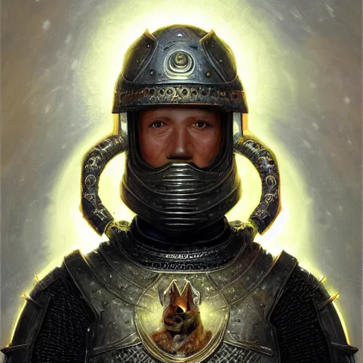 Image similar to medieval paladin knight armor, anthropomorphic shiba inu, kirlian photography field glowing, portrait art by donato giancola and greg rutkowski, realistic face, kirlian field, visible magnetic field, digital art, trending on artstation, symmetry