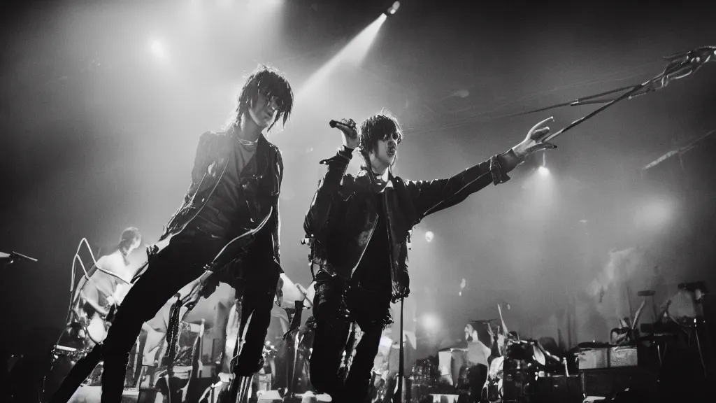 Prompt: a photo of the concert of Julian Casablancas ando Ian curtis on the stage, professional photography, 50mm, f/1.4, photography by Todd Owyoung