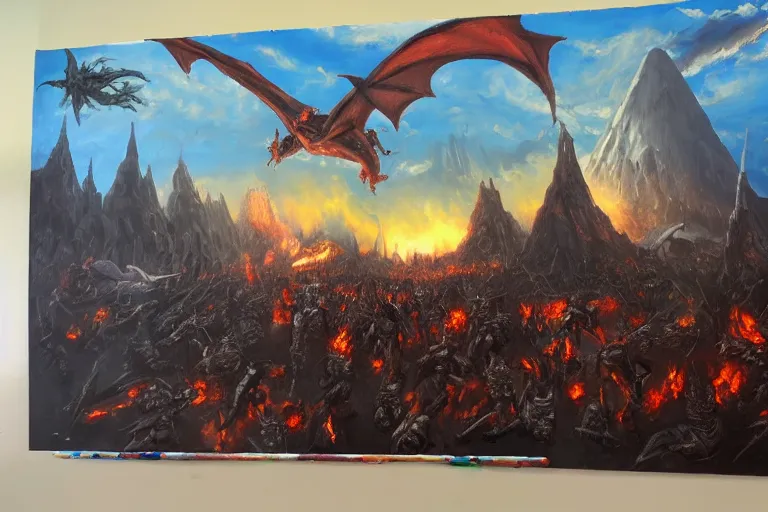 Image similar to oil painting mordor with dragons flying and knights fighting,