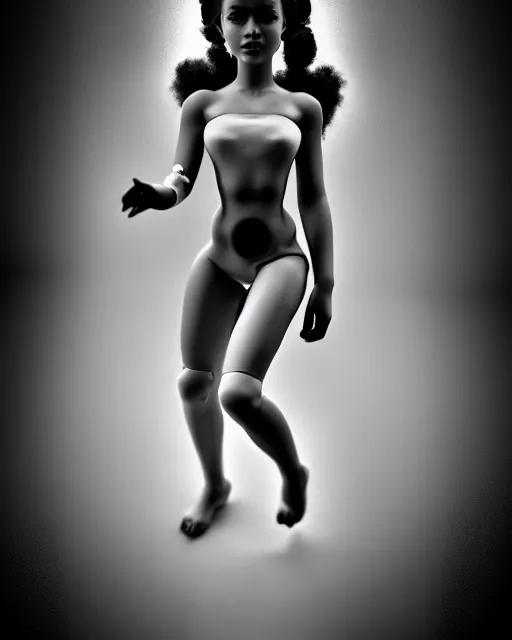 Image similar to a black and white photo of a dolly young feminine cyborg, halo, photorealistic, artistic, poetic, 8 k,