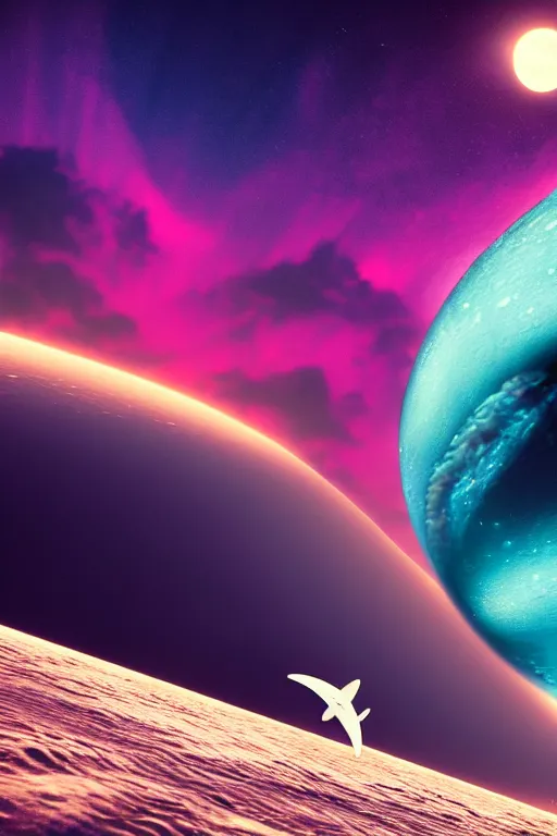 Image similar to beagle dog surfing a surfboard on a sparkly crashing wave of alien ocean in space, background is a moon in nebula, aliens in the background, alien neon colors, octane render, unreal engine, wide view, 8 k, highdetaild