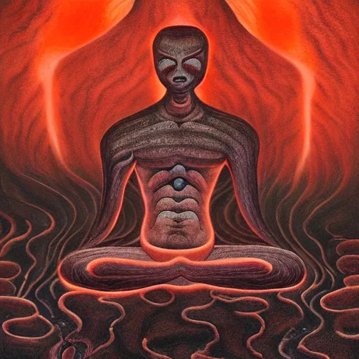 Prompt: a demon meditating near a zen garden with a lava waterfall in hell, ominous hellscape by amanda sage and anton semenov, oil on canvas 8k, dramatic lighting