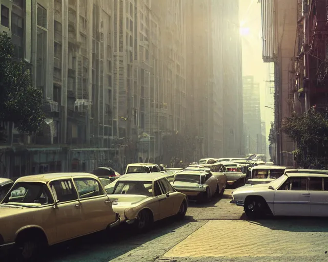 Prompt: a group of cars driving down a street next to tall buildings, a matte painting by andrey yefimovich martynov, pixiv, superflat, streetscape, anamorphic lens flare, photo taken with ektachrome