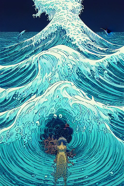 Image similar to a sea witch summoning a giant wave by dan mumford and karol bak and john harris and fritz willis and victo ngai, highly detailed, photorealism, hyperrealistic