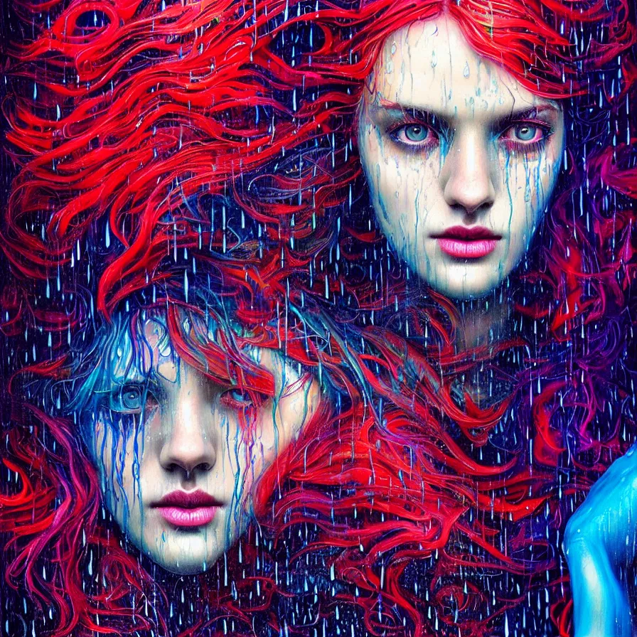 Image similar to bright asthetic portrait of LSD in rain with wet hair and face, liquid, fantasy, intricate, elegant, dramatic lighting, highly detailed, lifelike, photorealistic, digital painting, artstation, illustration, concept art, smooth, sharp focus, art by John Collier and Albert Aublet and Krenz Cushart and Artem Demura and Alphonse Mucha