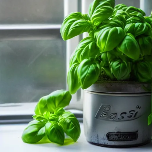 Prompt: Basil growing in a jar, on a windowsill,