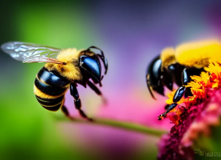 Image similar to super macro of a cyborg terminator bee drinking from a flower in the forest. fantasy horror cyberpunk style. highly detailed 8 k. intricate. nikon d 8 5 0 3 0 0 mm. award winning photography.