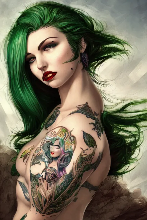 Image similar to green hair tattooed pinup hannah murray, rogue bard, feathers, baldurs gate, diablo, dnd, deep focus, turnaround, fantasy, intricate, elegant, highly detailed, digital painting, artstation, concept art, matte, sharp focus, illustration, hearthstone, art by artgerm and greg rutkowski and alphonse mucha.