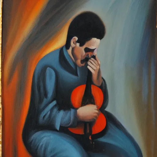 Image similar to oil painting of a greek rebetiko musician crying in the dark corner of a dirty room, light and shadow, paint knife, stylised