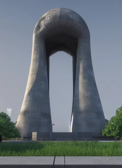 Image similar to highly detailed realistic architecture 3 d render of a futurisctic stele monument in the atomium brussels style standing near a highway, archdaily, made in unreal engine 4 octane render