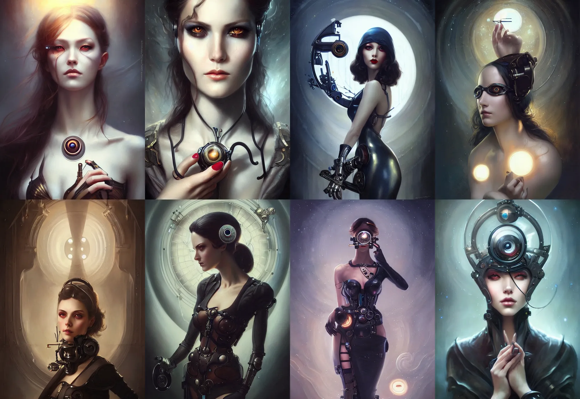 Prompt: a beautiful woman with a cybernetic monocle, painted by artgerm and tom bagshaw, fantasy art, dramatic lighting, highly detailed oil painting