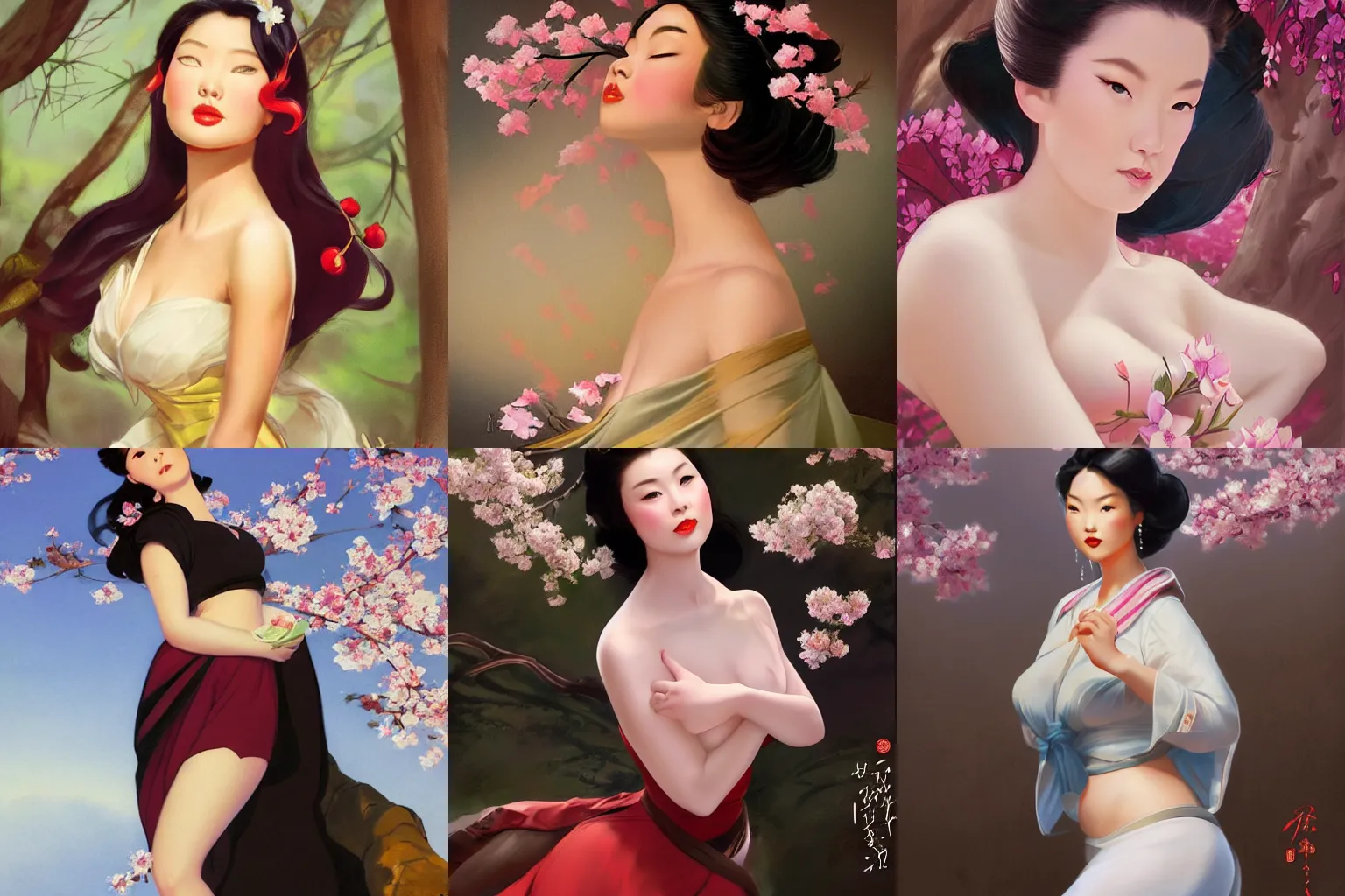 Prompt: portrait of a young curvaceous mulan, dreamy and ethereal, cherry blossoms, expressive pose, peaceful expression, elegant, highly detailed, digital painting, artstation, concept art, smooth, sharp focus, by gil elvgren by harry ekham