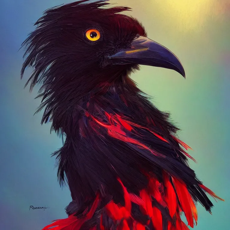 Prompt: beautiful black raven bird with long red feather highlights, cute, intricate, highly detailed, digital painting, trending on artstation, concept art, smooth, sharp focus, backlit, rim light, vivid colors, illustration, unreal engine 5, 8 k, art by rossdraws and alphonse mucha