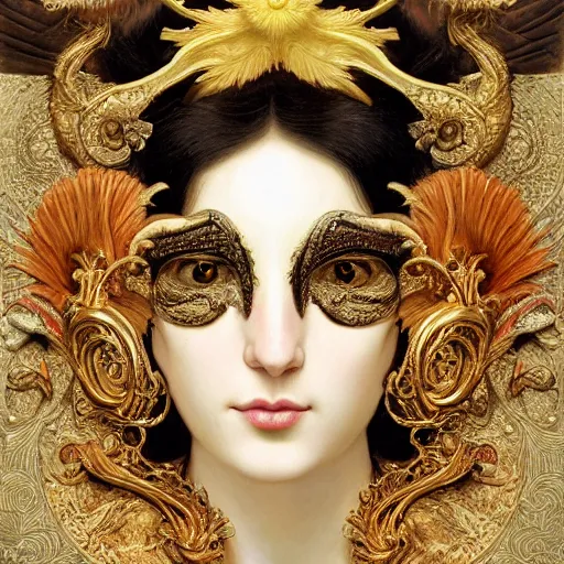 Prompt: hyper realistic painting of bird venetian mask, black snake texture, gold and black ornaments, flowing magenta fabric, intrincate detail, detailed faces by wayne barlowe, gustav moreau, goward, gaston bussiere and roberto ferri, santiago caruso, and austin osman spare, bouguereau, alphonse mucha, saturno butto,