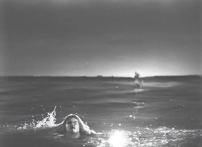 Prompt: photography, woman swimming in ocean at night, 35mm film,