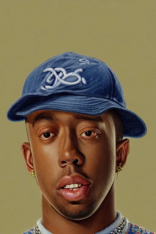 Image similar to photorealistic portrait of tyler the creator with baseball hat, staring directly into camera, intricate, elegant, glowing lights, highly detailed, digital painting, artstation, sharp focus, illustration, art by wlop, mars ravelo and greg rutkowski